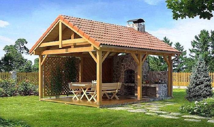 Открытая и меблированная беседка из дерева
