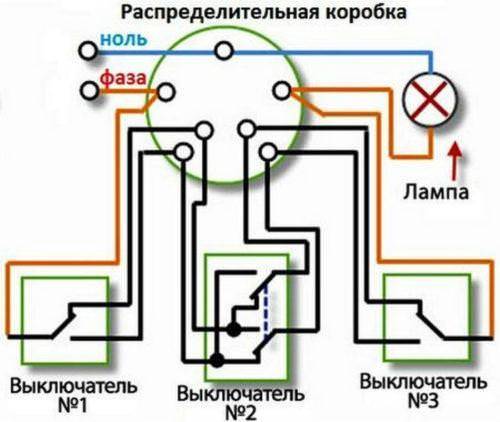Схема подключения трех выключателей в распределительной коробке