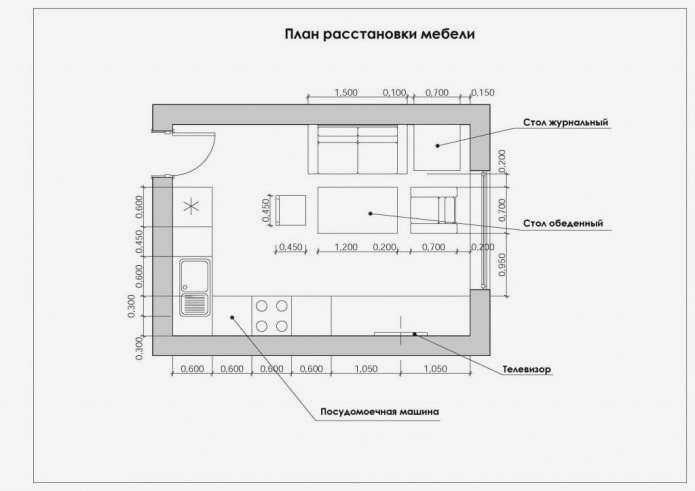Планировка 12-квадратной кухни с обеденной зоной