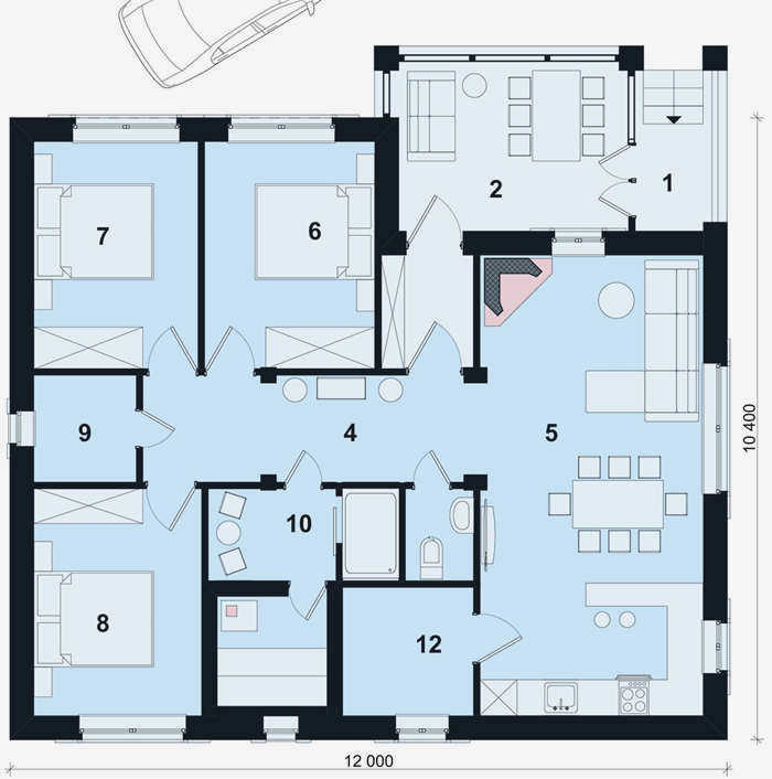 План дома Columbus KRASNODAR 12 x 12 с верандой спереди