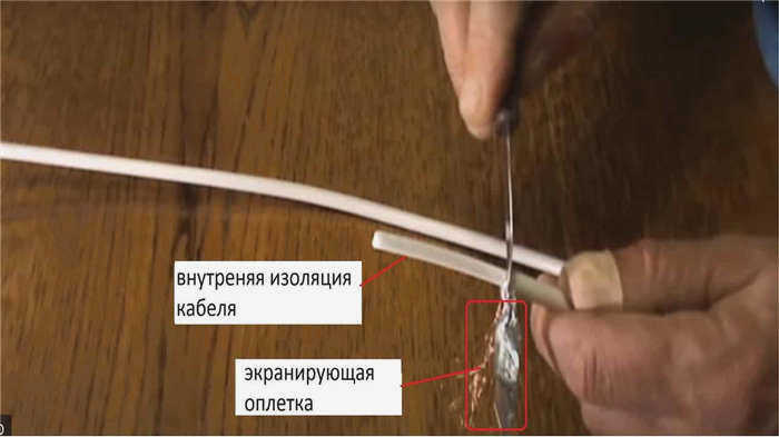 Удалите внешнюю изоляцию, оттяните оплетку в сторону