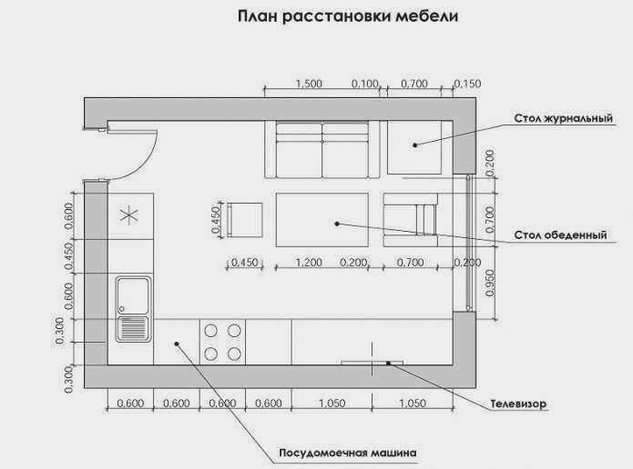 план меблировки гостиной с кухней