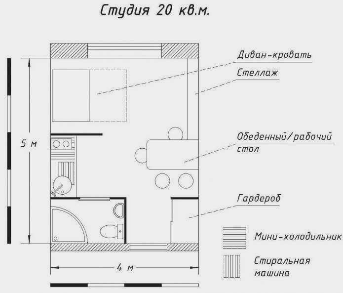 Планировка студии для гостиной 20 квадратных метров.