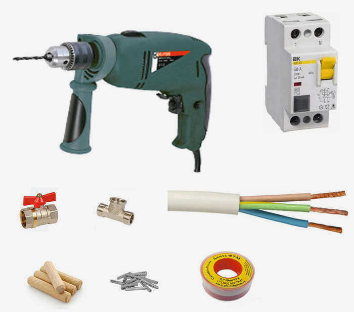 Инструменты и материалы для установки электрического водонагревателя мгновенного действия