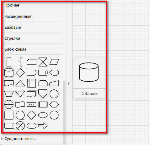 секции с различными элементами диаграмм в Diagrams.net