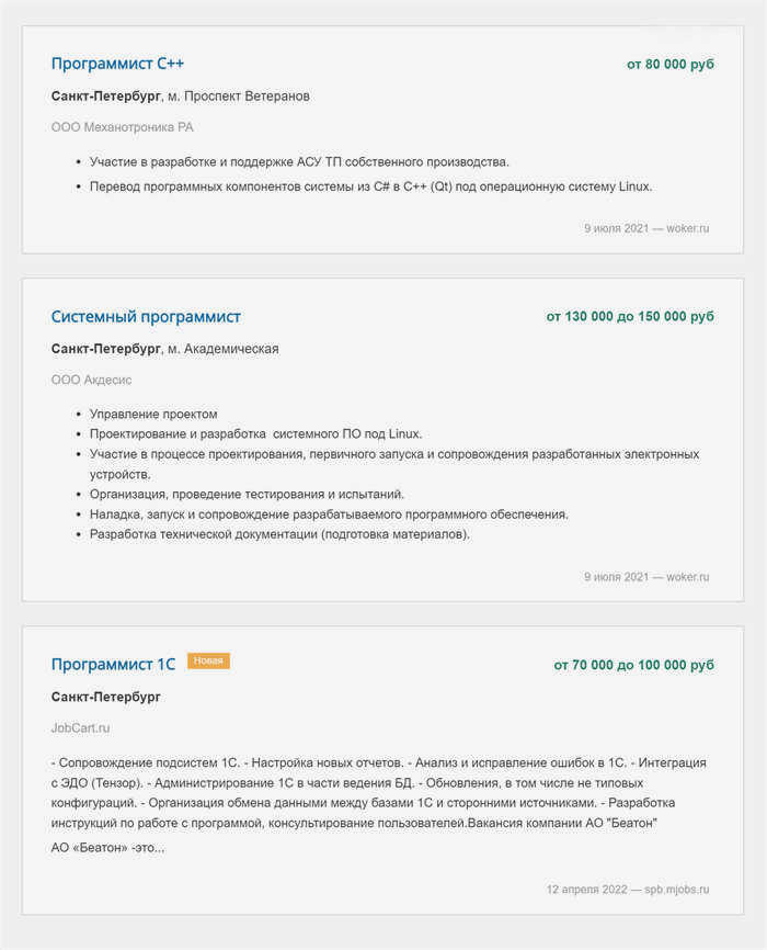 Зарплаты программистов в Санкт-Петербурге по данным jobcareer.ru