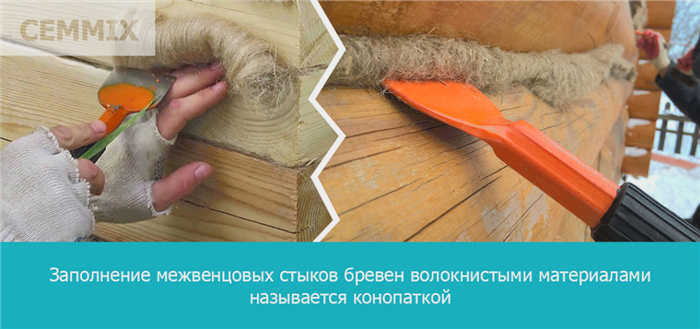 Заполнение стыков бревен волокнистым материалом называется герметизацией.