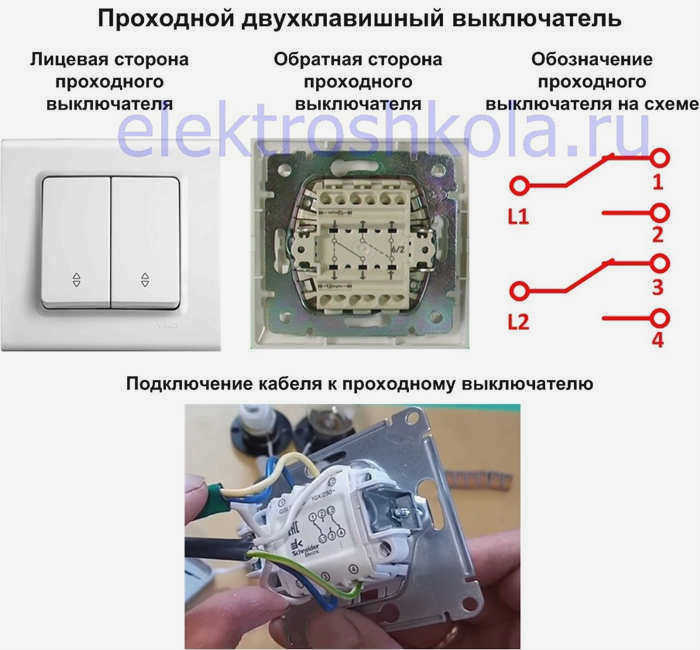 Двухполюсный выключатель, внешний вид, обозначение на схеме подключения