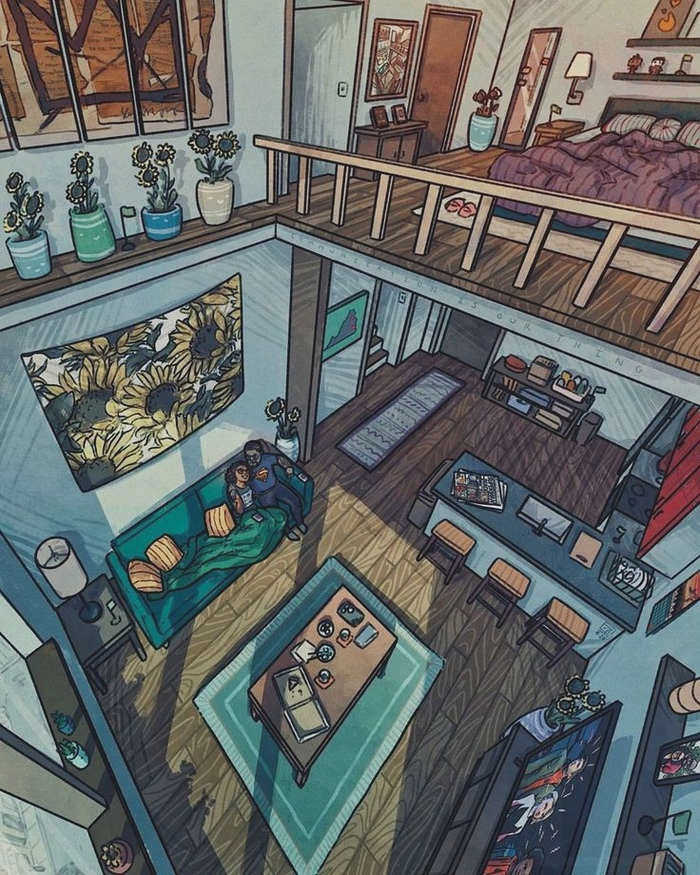 Уютный рисунок, искусство, дом, уют, люди, животные, интерьер, Longpost