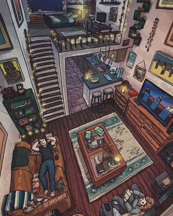 Уютный рисунок, искусство, дом, уют, люди, животные, интерьер, Longpost
