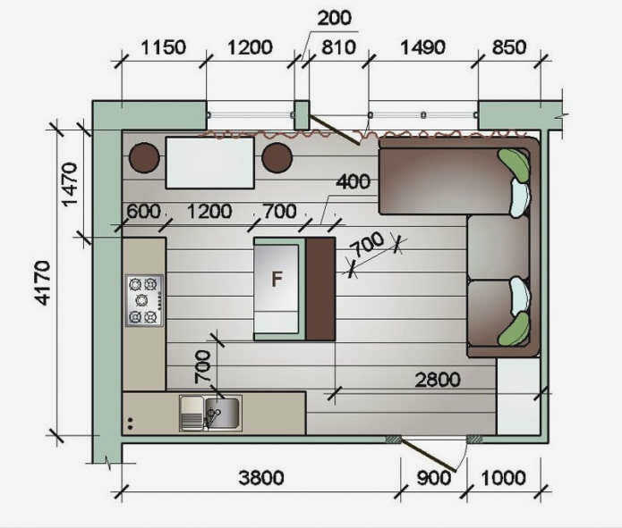 Прямоугольная кухня с гостиной 16 м²