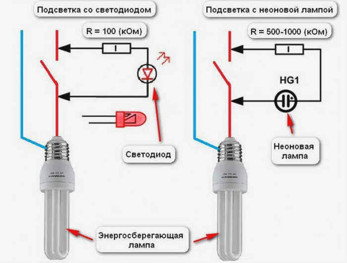 Схема подсвечиваемой кнопки выключателя.