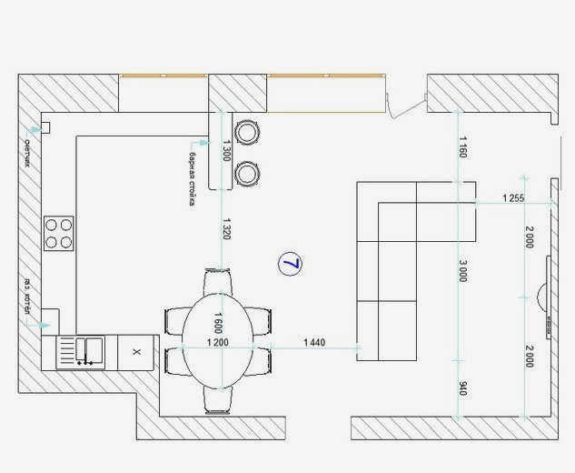 Планировка кухни-гостиной площадью 30 м²