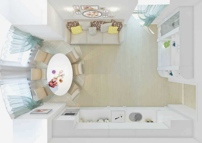 Планировка кухни и гостиной площадью 30 м²