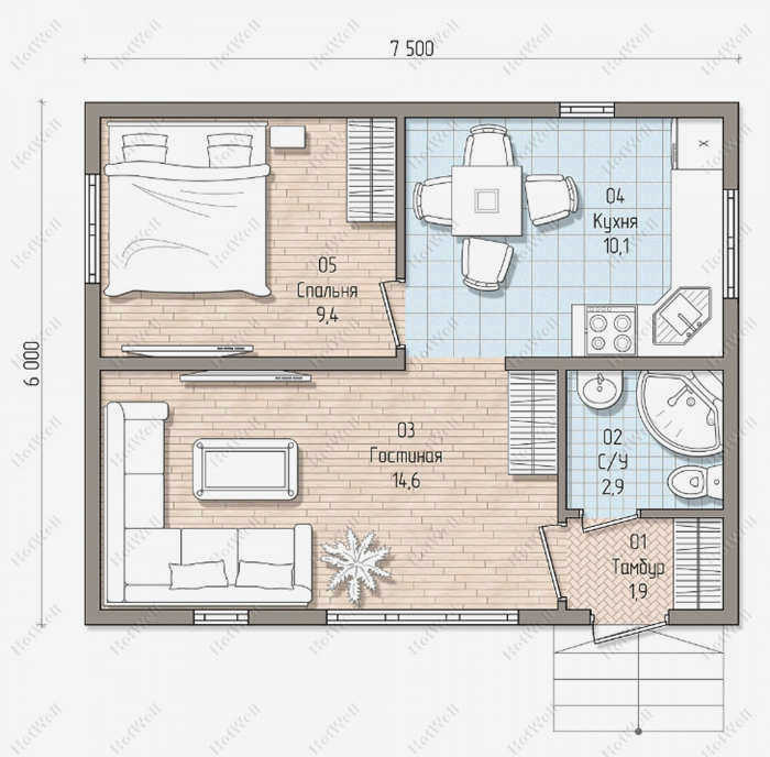 2-этажная планировка 8 x 6 м