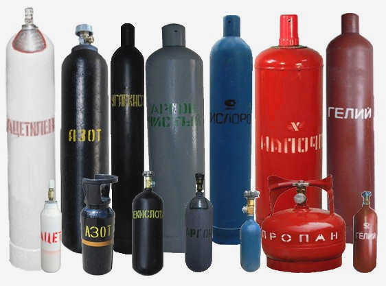 Различные цвета и названия технических газовых баллонов