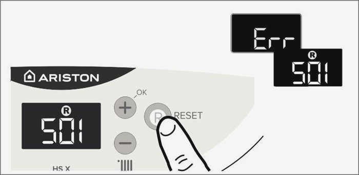 Сбросьте ошибку котла Ariston 501 с помощью кнопки сброса