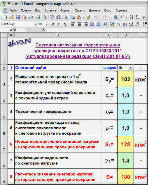 Электронная таблица Excel с расчетами снеговой нагрузки