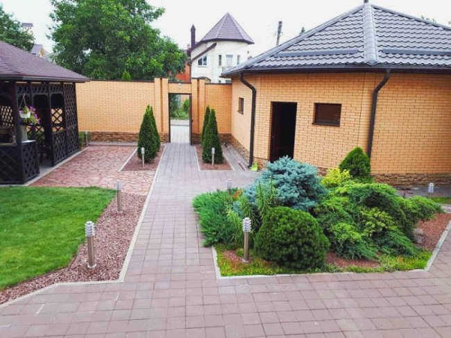 Ландшафт заднего двора с постройками