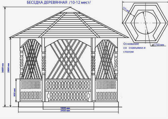 Чертеж шестиугольной деревянной беседки
